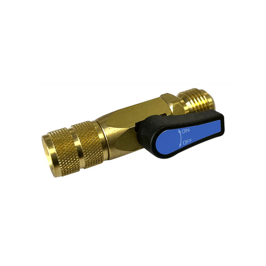 JAVAC Refrigeration Ball Valve - 1/4" F SAE x 1/4" M SAE (BLUE)