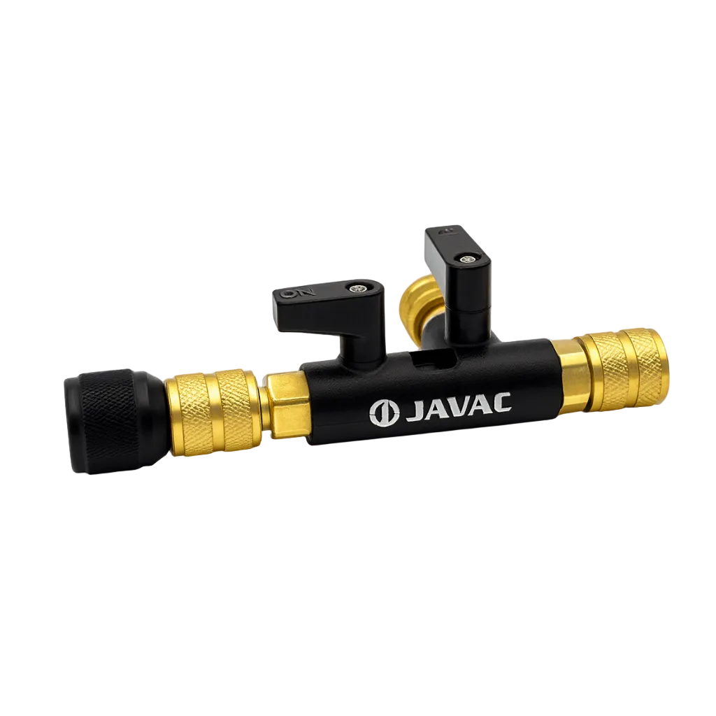 Gold and black plumbing valve with 'JAVAC' branding on a white background